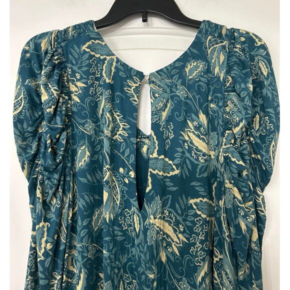 Free People Hello Lover Turquoise Floral Puff Sleeve Mini Dress Tunic Top L Boho - Picture 12 of 16